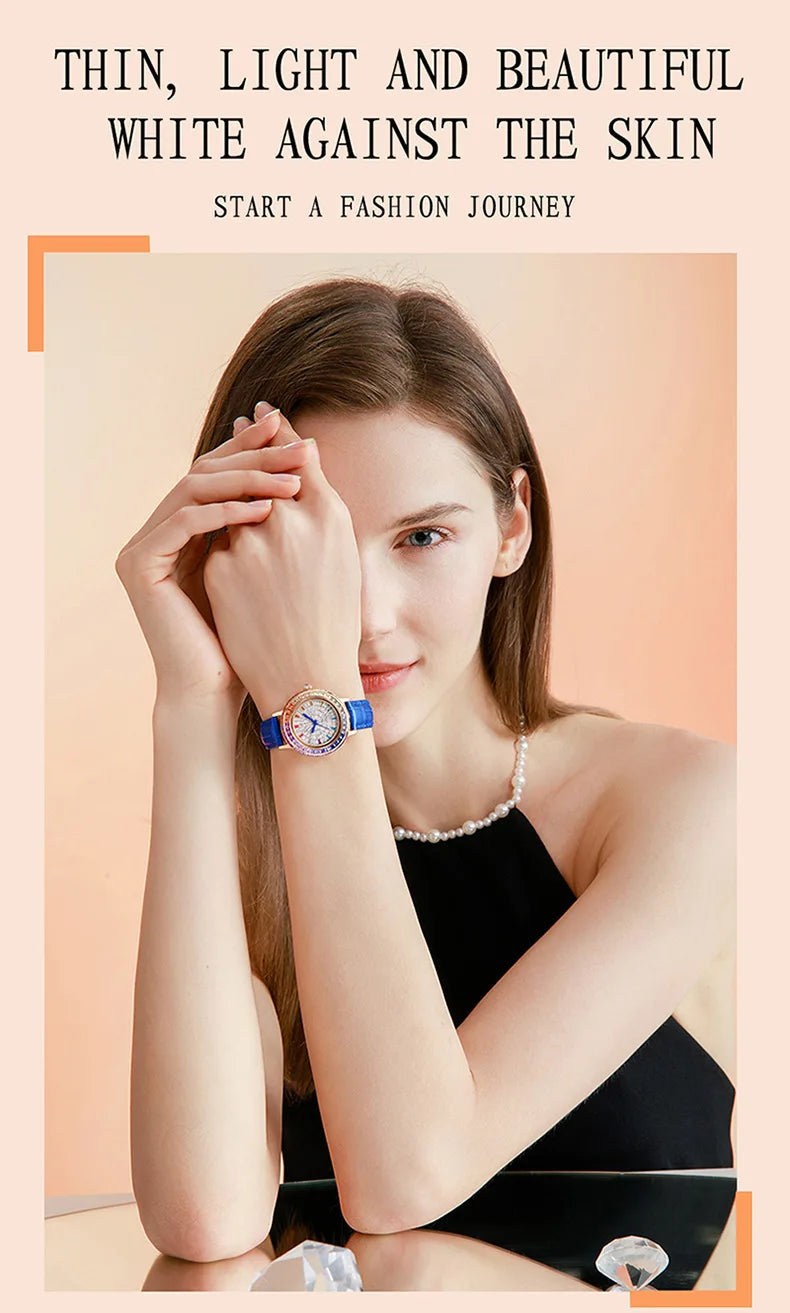 Women Fashion Quartz Watch Light Luxury Brand All Sky Star Leather Strap Diamond Jewelry Crystal Ladies Wristwatches Gift