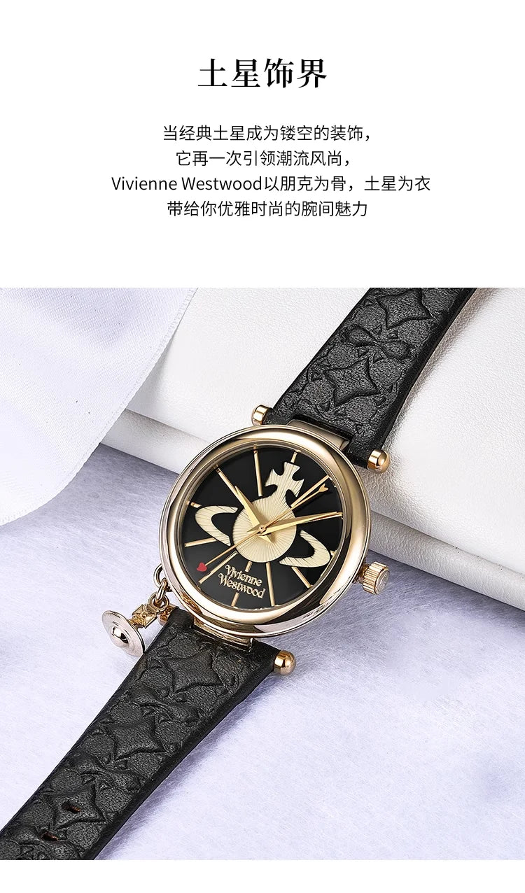 Vivienne Westwood Saturn Pendant Fashionable Exquisite Black Leather Strap Ladies' Watch