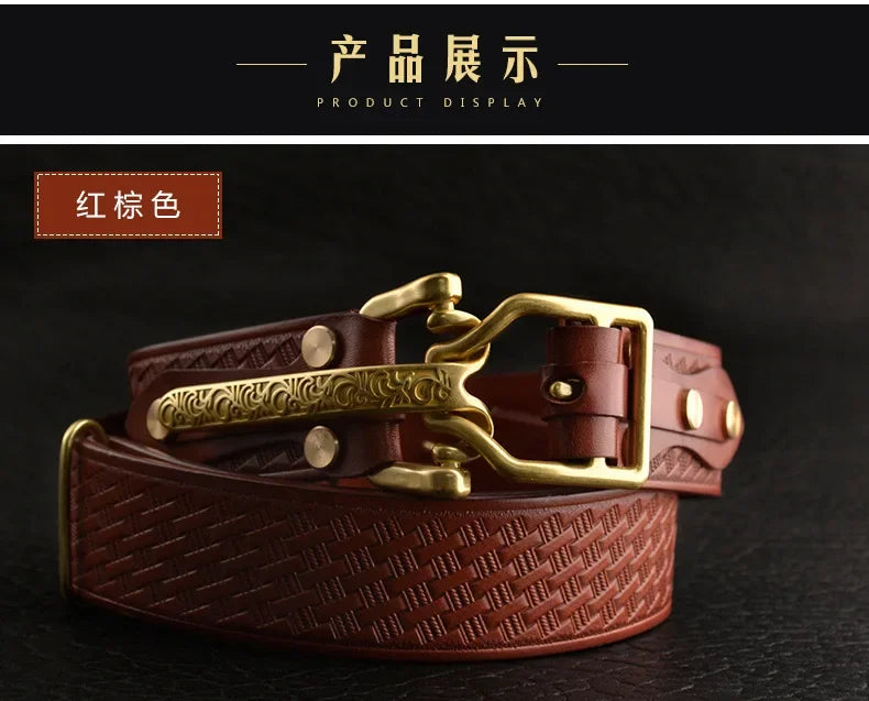 Cavalry genuine copper buckle belt, hand strap Cavalry men's casual pants belt 100% cowhide genuine leather men's denim belt