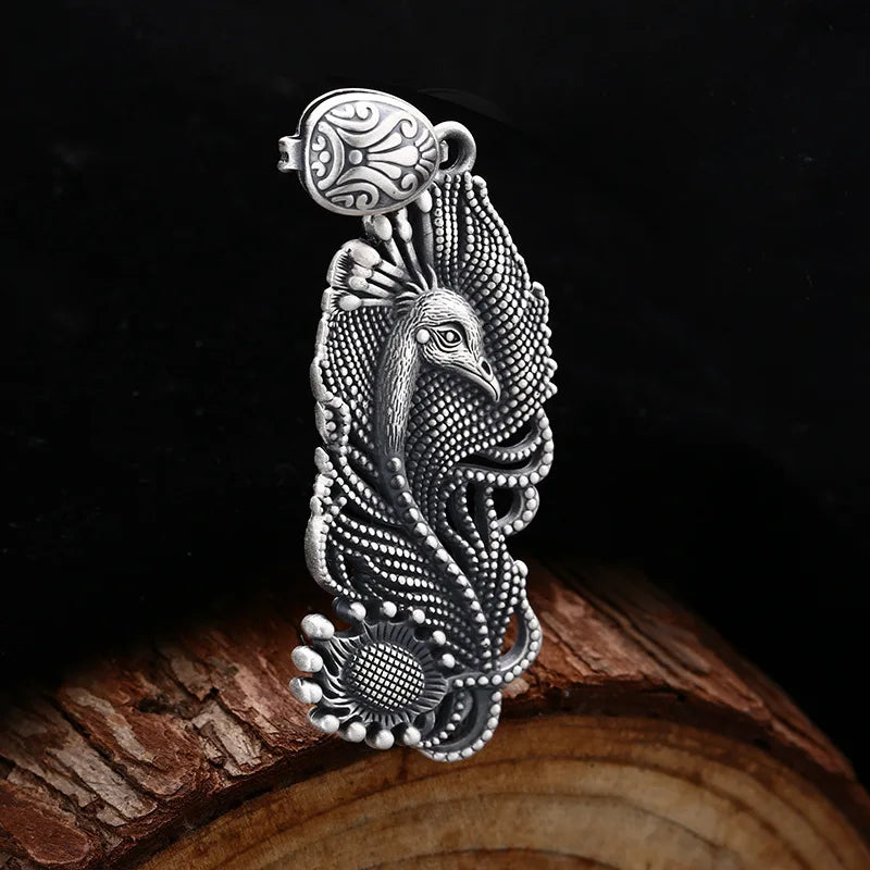 925 Sterling Silver Peacock Bird Locket Necklace - Antique Finish Retro Unique Jewelry Gift