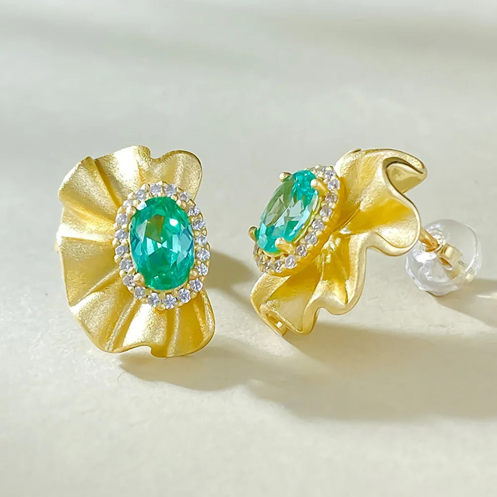 Retro 925 Sterling Silver Stud Earrings for Women with 4*6mm Green Paraiba Tourmaline Gemstone Wedding Party Fine Jewelry Gifts