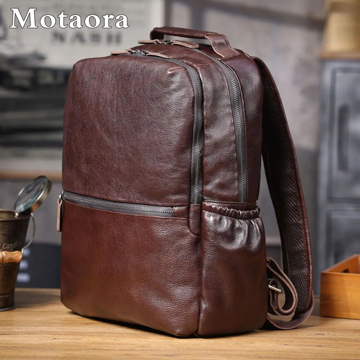 Men's Leather Backpack Laptop Travel Bag, Full-Grain Cowhide Large Capacity Workbag with YKK Zippers - Handcrafted Soft Touch