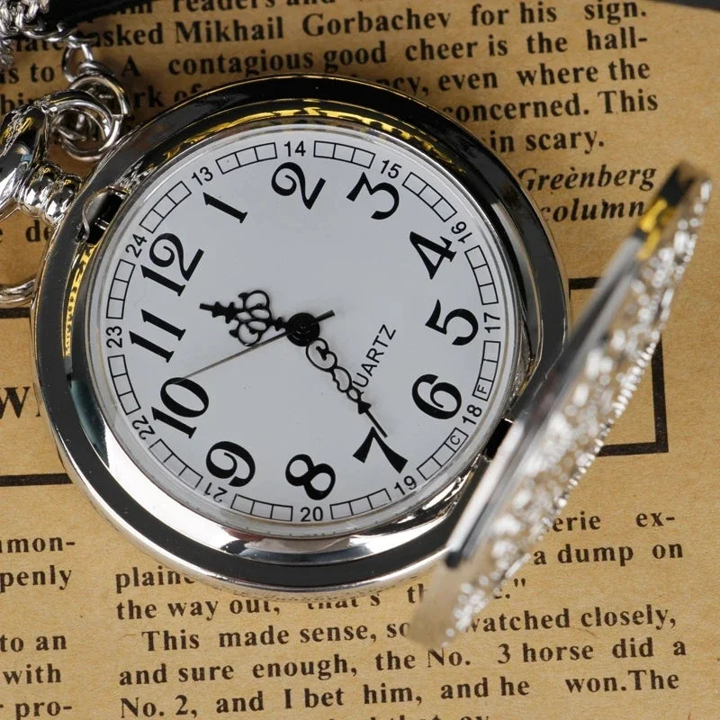 Classic Vintage Pinion Hollow Engraved Quartz Pocket Watch Flip White Dial Arabic Numerals Necklace Pendant Clock Jewelry Gift