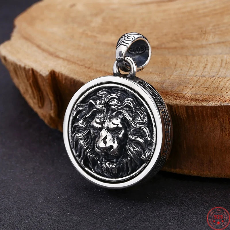 Genuine S925 Sterling Silver Charm Pendants for Women Men New Fashion Relief Lion Head Rotatable Vintage Punk Jewelry Wholesale
