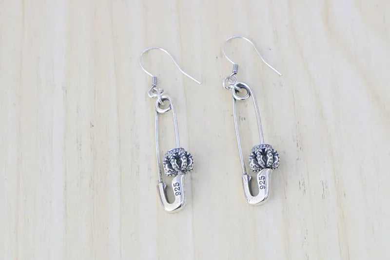 Hip hop Personality Korean Street Sterling Silver Pins Crown Earrings Female Retro Exaggerated Thai Silver Long Earrings Origina