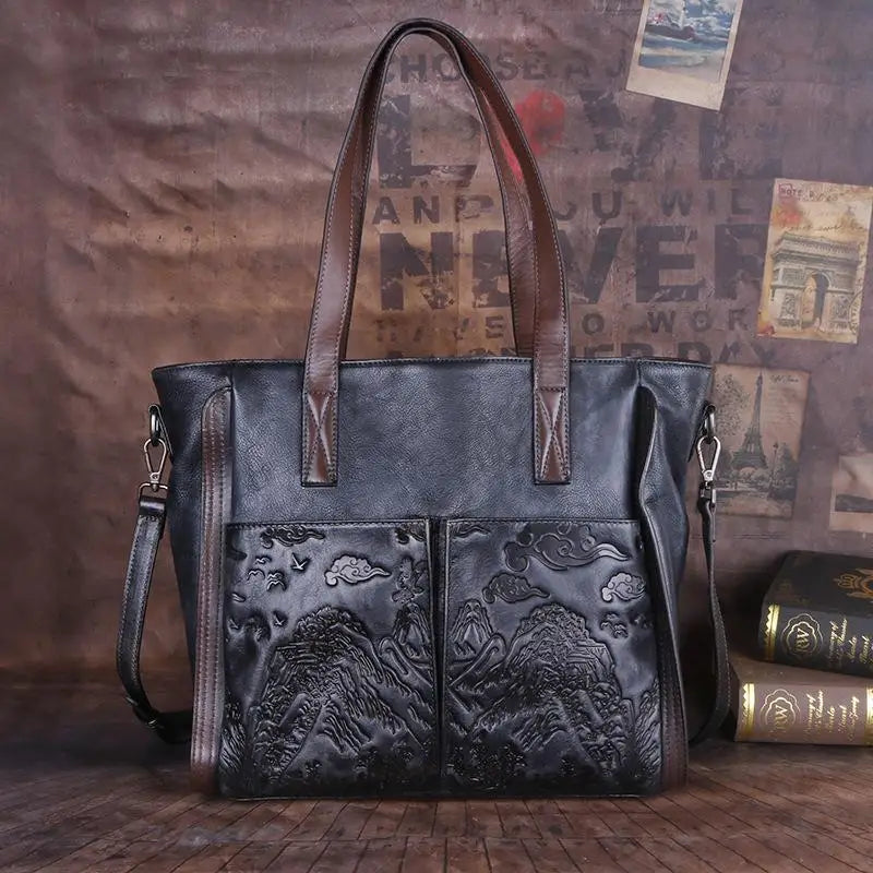 MOTAORA Vintage Genuine Leather Handbag for Women Handmade Embossed Tote Bag Casual Shoulder Bag Purse 2025 Trendy Designer
