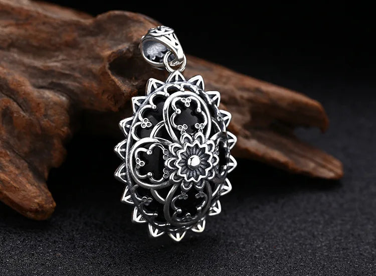 925 Sterling Silver Flower Pendant Thai Silver Antique Finish Vintage Boho Chic Jewelry