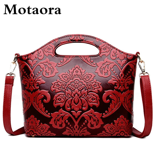 MOTAORA Women Leather Shouder Bag 2025 New High Quality Chinese Style Tote Bags Vintage Embossed Handbag Floral Retro Bag Ladies