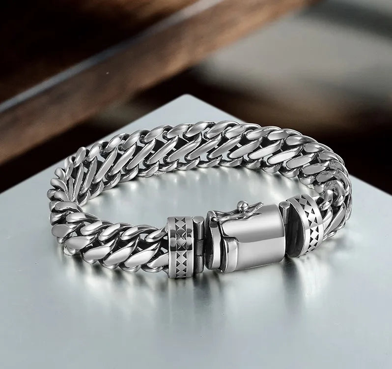 BOCAI New S925 Silver Domineering Bold Style Half Round Pattern Bolt Lock Men's Bracelet Personalized Trend Punk Hip-Hop Jewelry