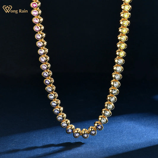 Wong Rain Vintage 925 Sterling Silver Round Cut Lab Sapphire High Carbon Diamond Gemstone Colorful Necklace Pendant Fine Jewelry