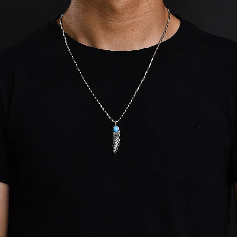 Necklace Pendant Pure 925 Sterling Silver Feather Blue Turquoise Luxury Brand Fine Jewelry Women Men 2024 New Christmas Gift P19
