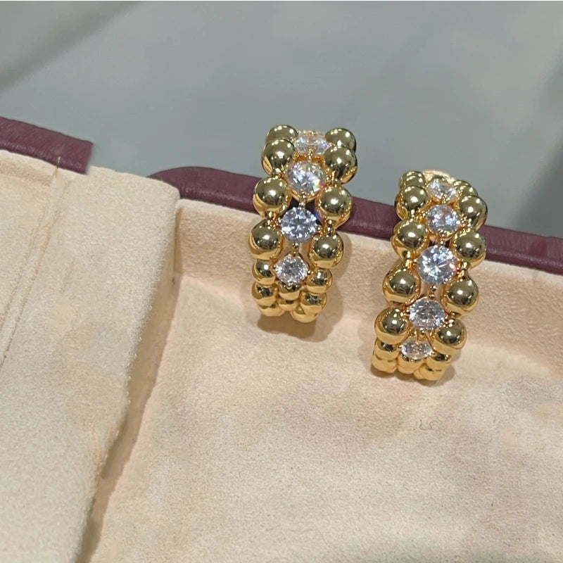 BELLUX 925 Silver Gold Plated Synthetic CZ Italian Style Vintage White Diamond Bead Earrings