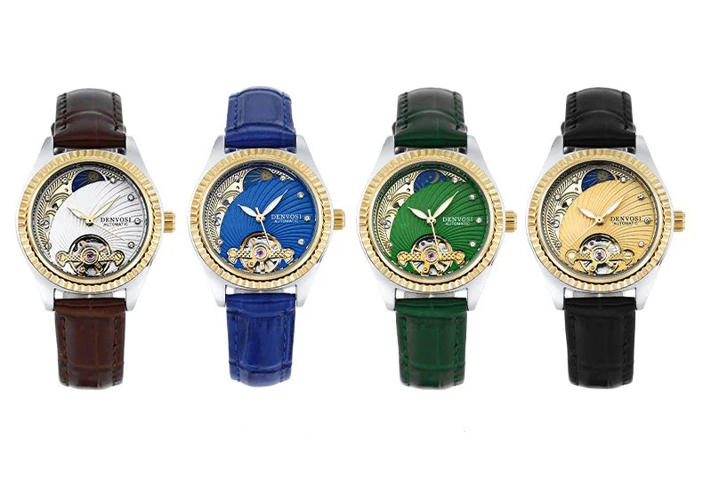 Ladies Flywheel double hollowed luxury fashion casual luminous leather watch with automatic mechanical waterproof wristwatch