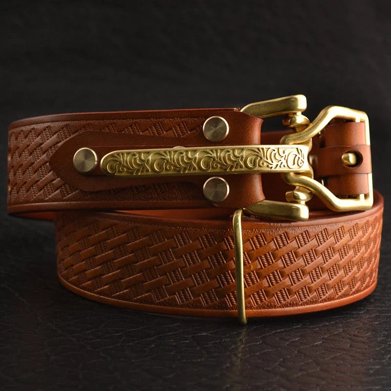 Cavalry genuine copper buckle belt, hand strap Cavalry men's casual pants belt 100% cowhide genuine leather men's denim belt