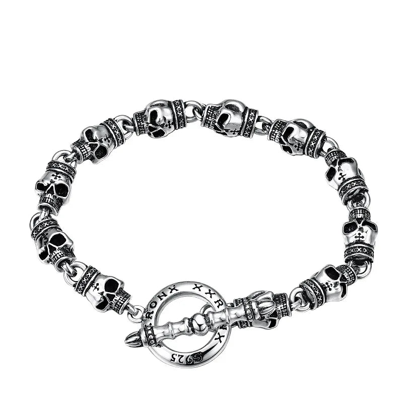 S925 sterling silver bracelet men thick skull heavy industry thai silver retro distressed punk trendystylish jewelry