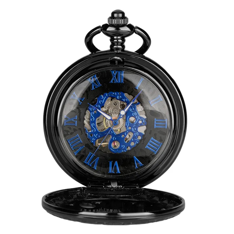 Antique Pocket Watch Hollow Gear Case Men's Hand Winding Mechanical Clock Pendant Chain Luminous Hands Black Timepiece