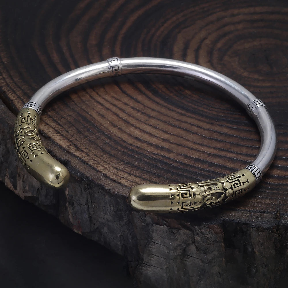 925 Sterling Silver Wukong Ruyi Golden Cudgel Bangle Bracelet for Men Six Words Mantra Engraved Fashion Vintage Jewelry