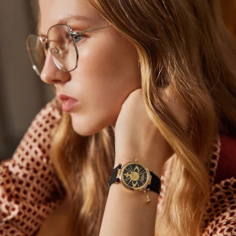 Vivienne Westwood Saturn Pendant Fashionable Exquisite Black Leather Strap Ladies' Watch