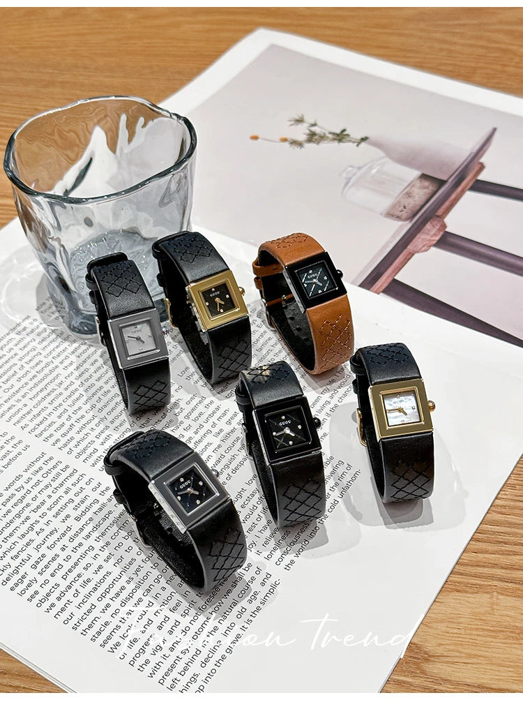 Guou Women Quartz Watch Luxury Clock Fashion Vintage Orologio Retro Classic Black Gold Square Reloj Ladies Leather Wrist Watches