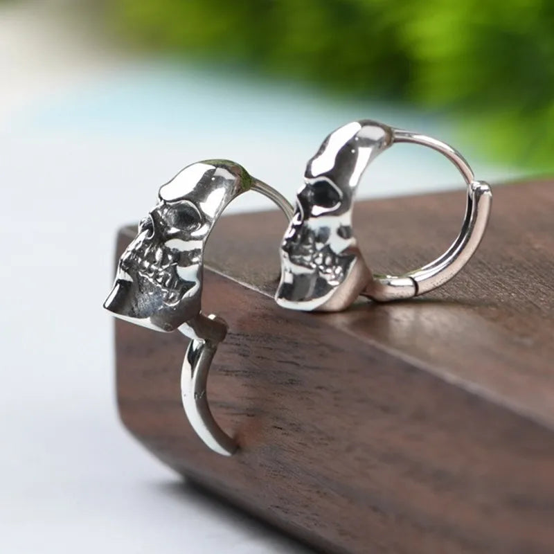 BOCAI New Real S925 Silver Ear Circle Trendy Punk Skull Design Men and Women Earrings Fashion Jewelry Accessories