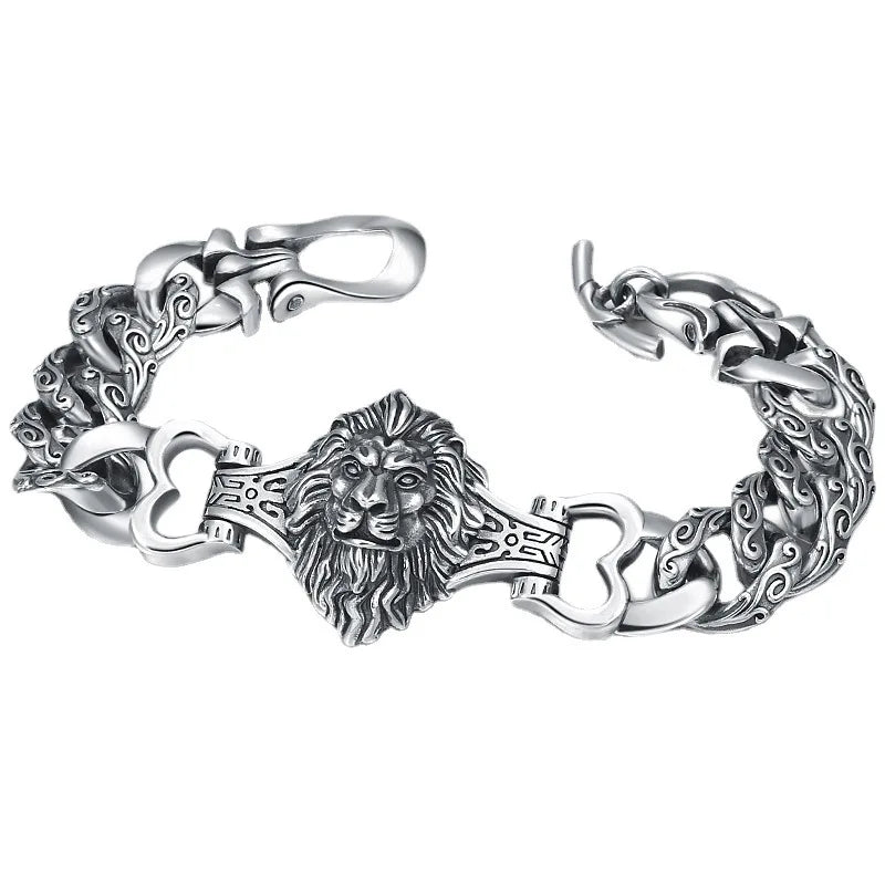 s925 sterling silver ornament retro personality all match trendy fashion Thai silver domineering lion's head bracelet for men