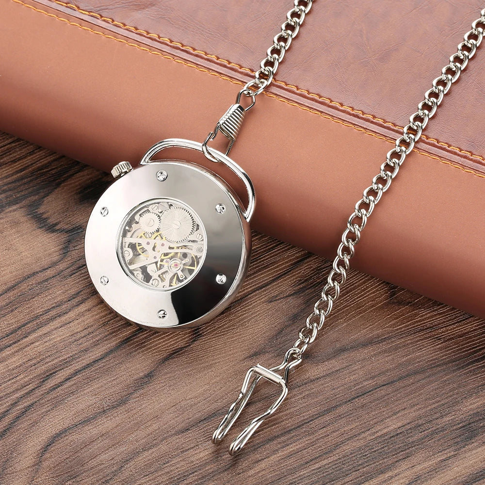 Open Face Blue Roman Numerals Display Mechanical Hand Winding Pocket Watch Silver Transparent Skeleton Pendant Antique Clock