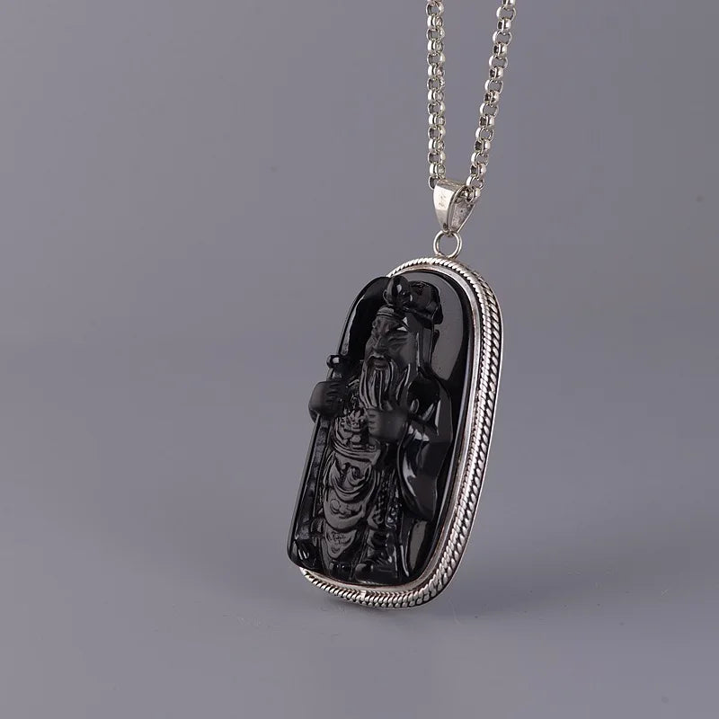 General Guan Gong Pendant Necklace Obsidian, S925 Silver Ethnic Vintage Inlaid Jewelry