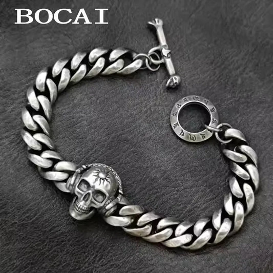 BOCAI Retro Style S925 Sterling Silver with Pattern Trendy Personalized Skull Bracelet for Men