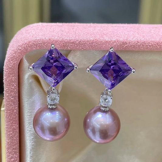 Square Diamond Natural Primary Color Purple Pearl Earrings S925 Silver 11-12mm Emperor Purple Edison Stud Earrings