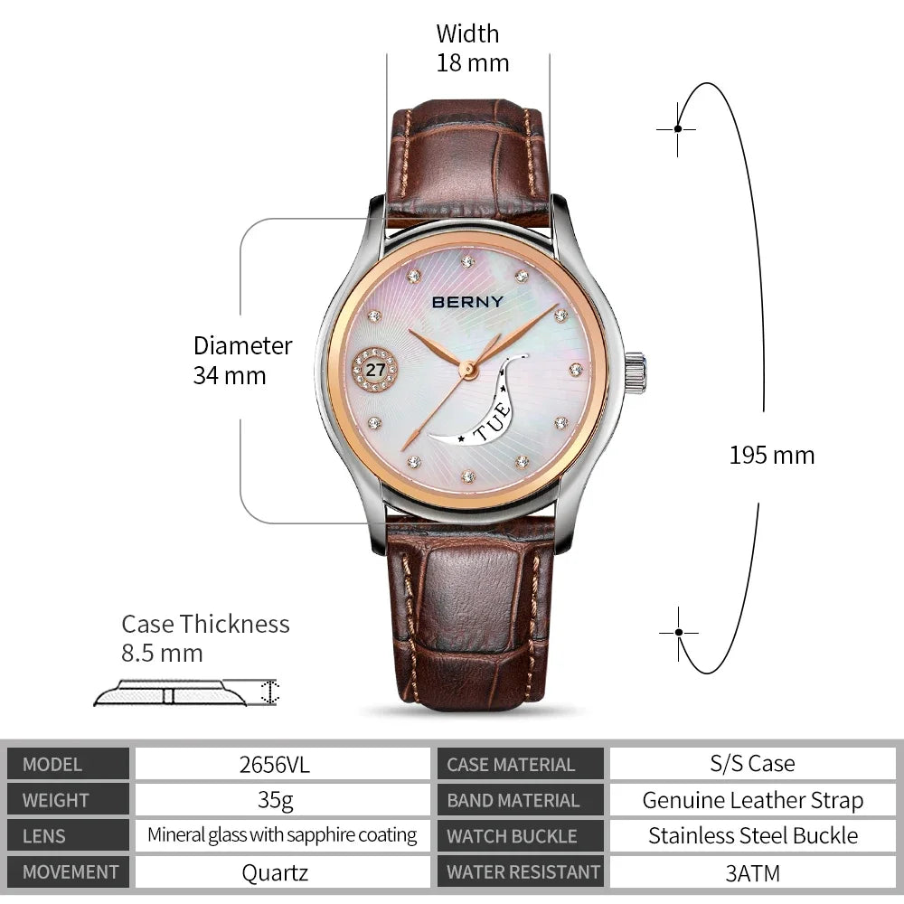 Quartz Wristwatches Calendar Clock Vintage Brown Leather Ladies Wristwatch Luxury Fashion Elegant Women Watches Waterproof 3Bar