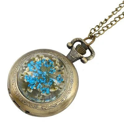 Fashionable Crystal Flower Style Antique Vintage Quartz Pocket Watch Round Case Pendant Necklace Chain Clock For Men Women