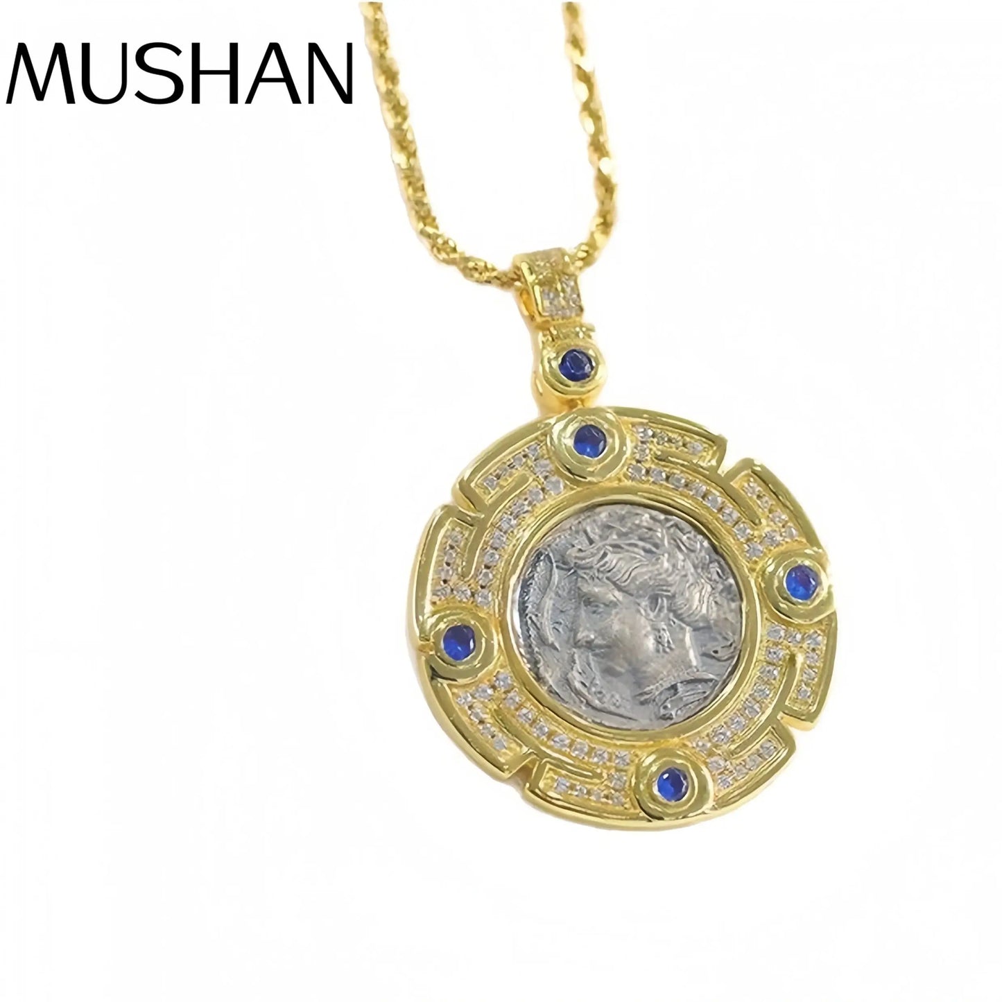 Mushan Luxury Brand S925 Silver Ancient Greek Goddess Relief Round Pendant Double Sided Ancient Coin Necklace