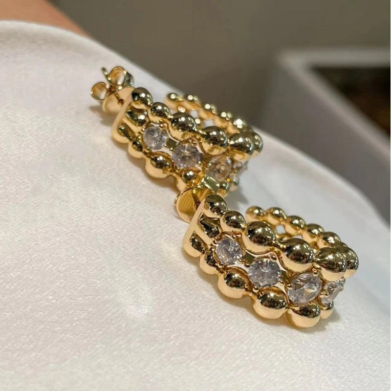 BELLUX 925 Silver Gold Plated Synthetic CZ Italian Style Vintage White Diamond Bead Earrings