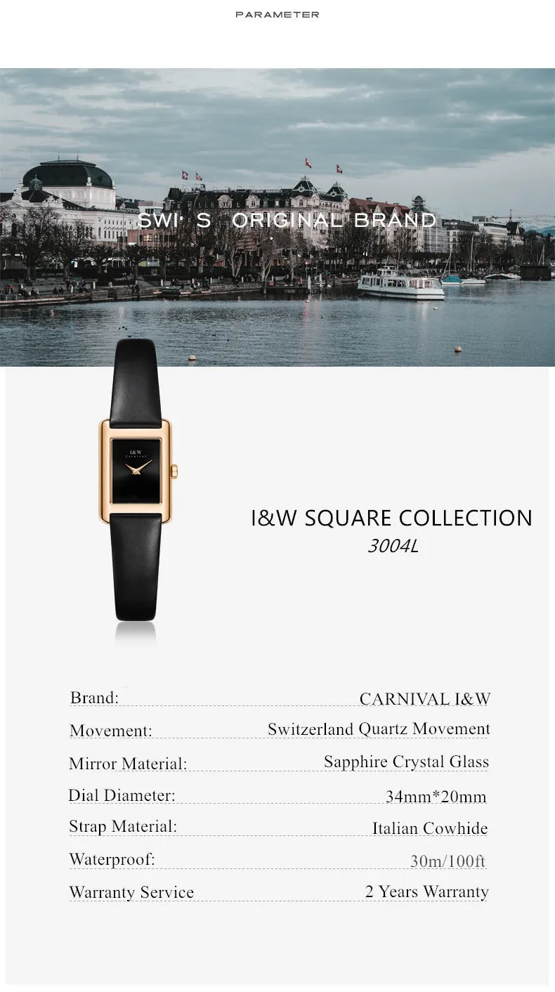 CARNIVAL Fashion Watch for Women Brand Luxury Ladies Square Leather Girls Quartz Wristwatches Waterproof Womens 2025 Reloj Mujer