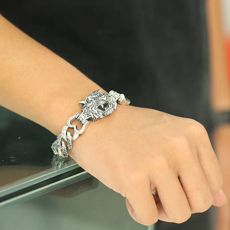 Ethnic style punk 925 sterling silver men's domineering tiger head bracelet wide face personalized trendy vine pattern vintage b