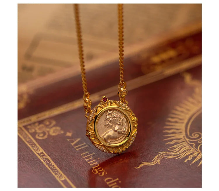 Retro Sterling Silver Necklace For Women's 925 Silver Electroplated 18K Gold Lion Red Treasure Ancient Coin Necklace
