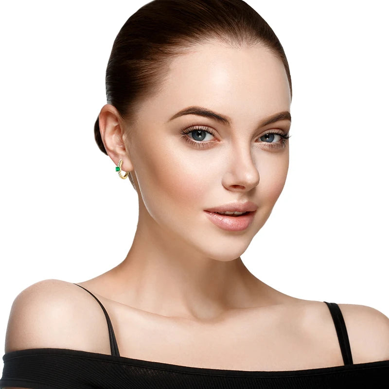 925 Sterling Silver Plated 14K Gold Ladies Hoop Earring 3x3mm Square Artificial Emerald Vintage Earrings for Women Jewelry Gift
