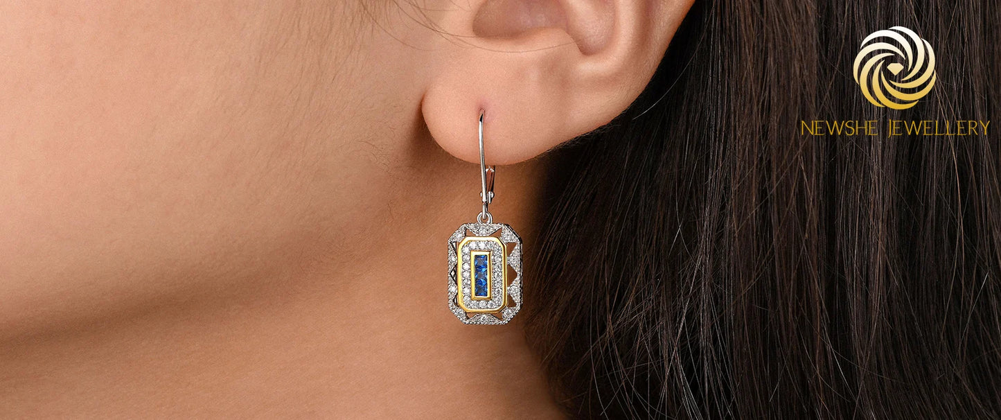 Newshe Solid 925 Sterling Silver K Gold Dangle Drop Earrings for Women Sapphire White AAAAA CZ Vintage Jewelry JE1581