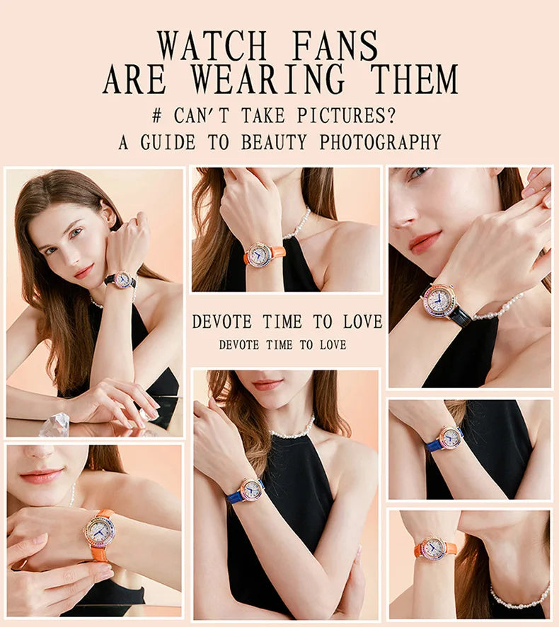 Women Fashion Quartz Watch Light Luxury Brand All Sky Star Leather Strap Diamond Jewelry Crystal Ladies Wristwatches Gift