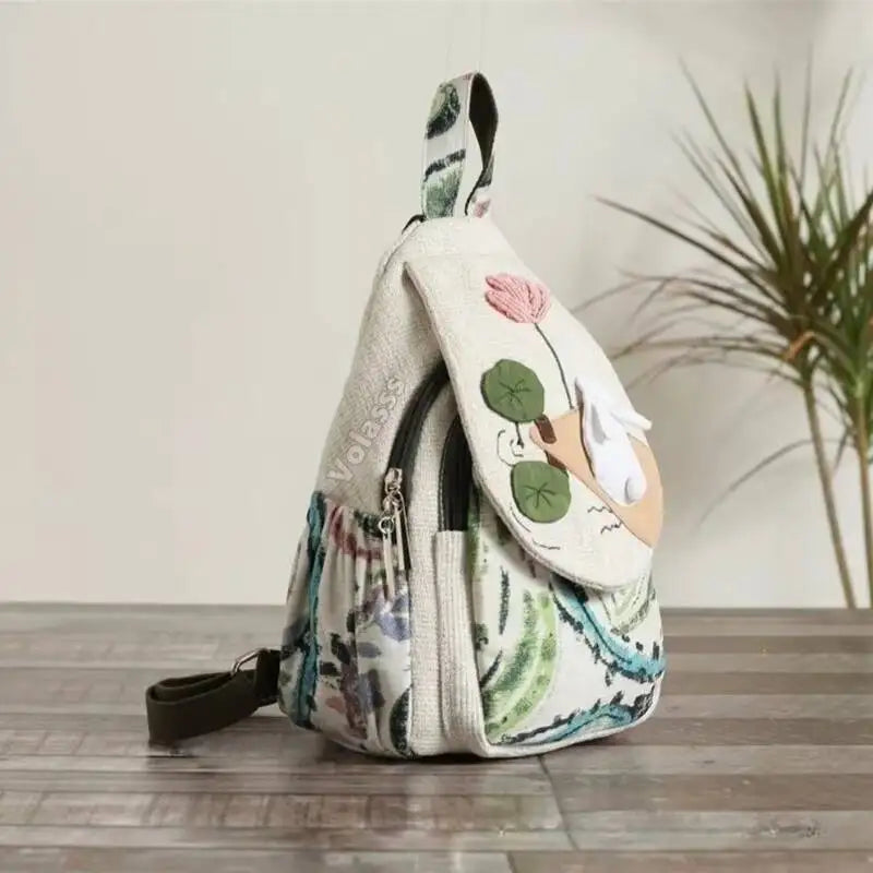 MOTAORA Casual Canvas Backpack Women's Lightweight Travel Shoulder Bag Rabbit Pattern Multi Compartment Handbag Purse