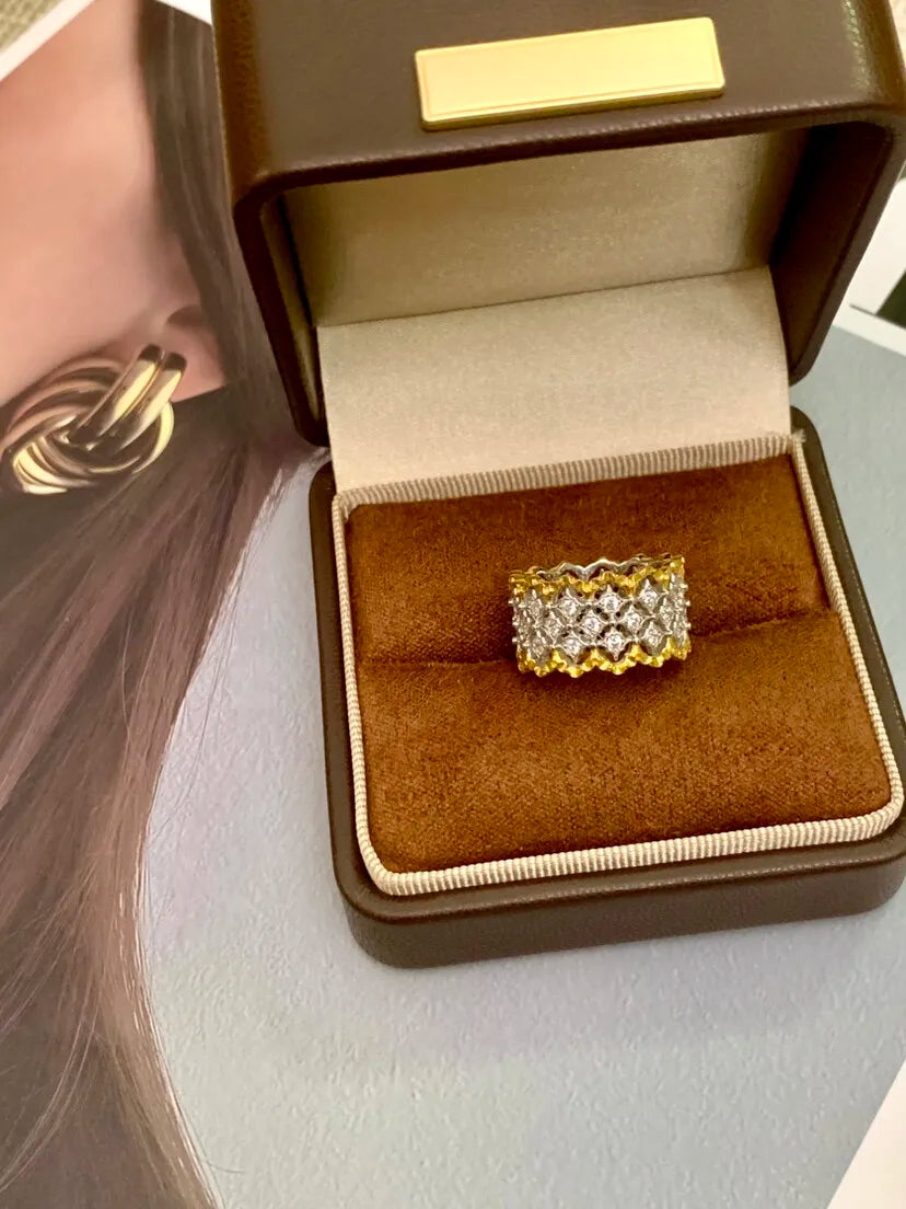 Italian Medieval-style Retro Color-blocked Lace Ring Earrings S925 Silver Gold Plated