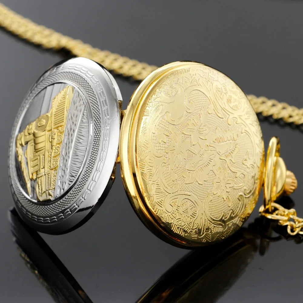 Antique Steampunk Train Engraved Quartz Pocket Watch Half Hunter Fob Chain Watches Men's Accessories Best Pendant Gift
