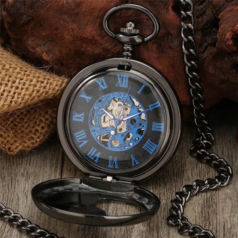 Antique Hollow Peacock Case Blue Roman Number Skeleton Handwinding Mechanical Pocket Watch Chain Gift for Men Women reloj