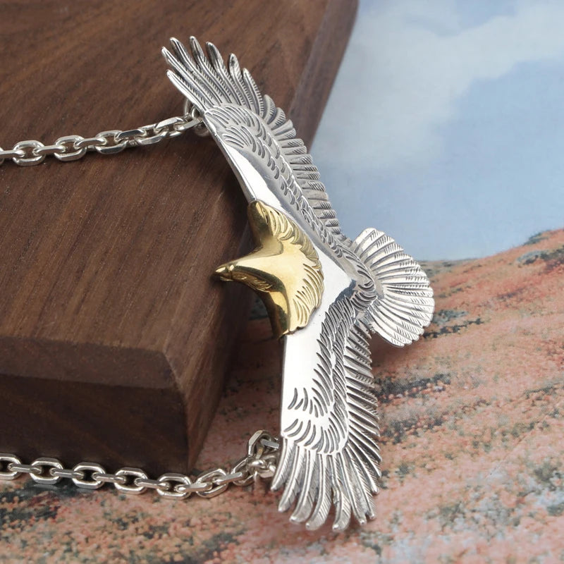 Japanese Style Trendy S925 Sterling Silver Eagle Pendant Necklace for Men and Women Sweater Chain Hip-Hop Punk Style Jewelry