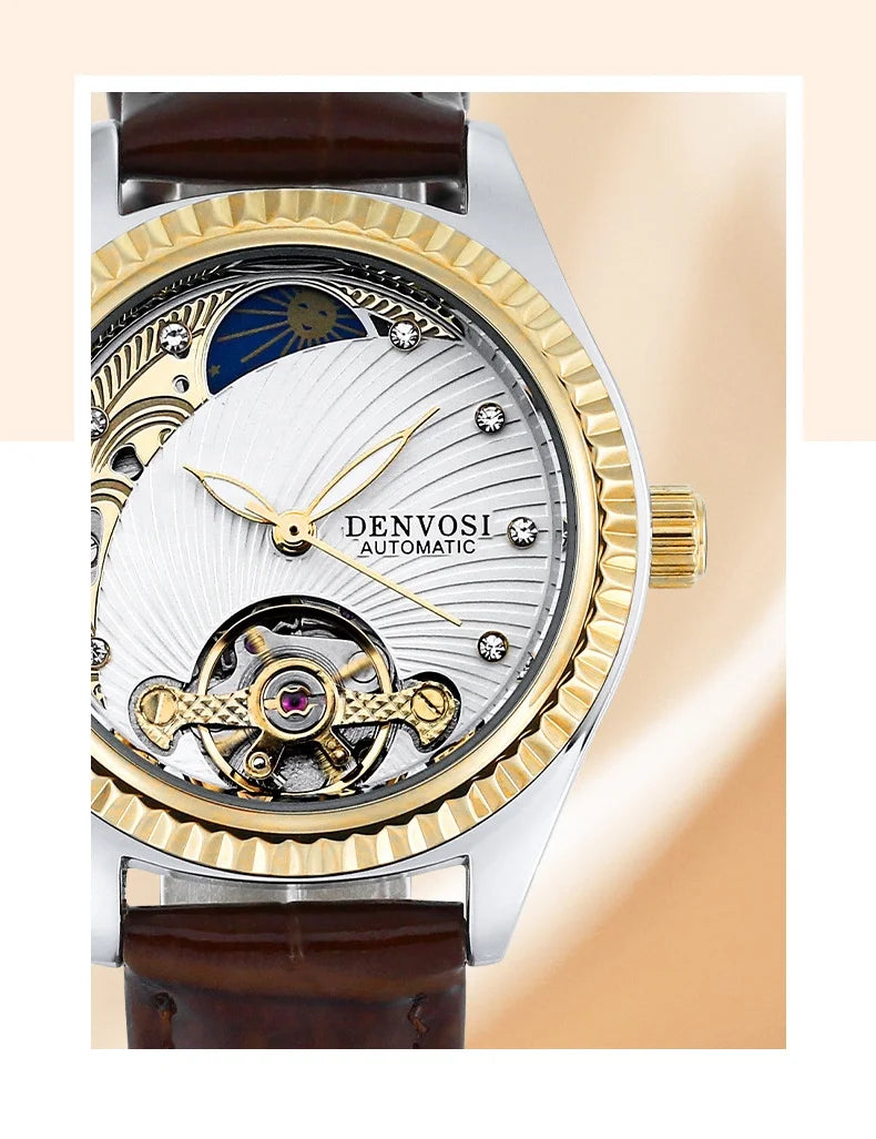 Ladies Flywheel double hollowed luxury fashion casual luminous leather watch with automatic mechanical waterproof wristwatch