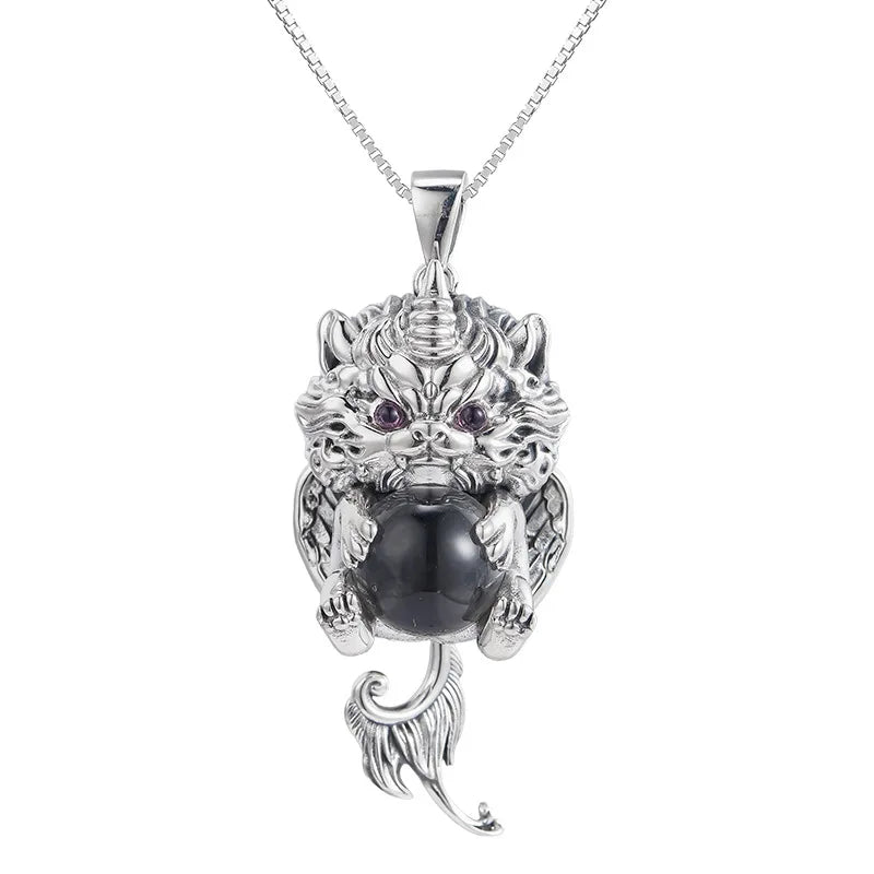 S925 Sterling Silver Pendant for Women Men Retro Wealth Mascot Pixiu Inlaid Rock Crystal Balls Charm Fashion Jewelry Wholesale