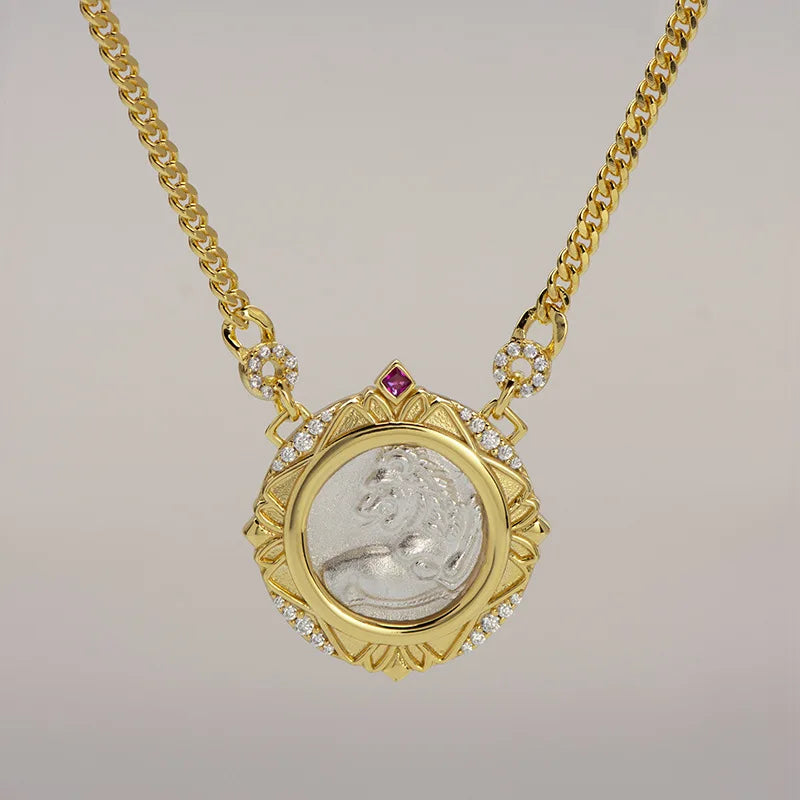 Retro Sterling Silver Necklace For Women's 925 Silver Electroplated 18K Gold Lion Red Treasure Ancient Coin Necklace
