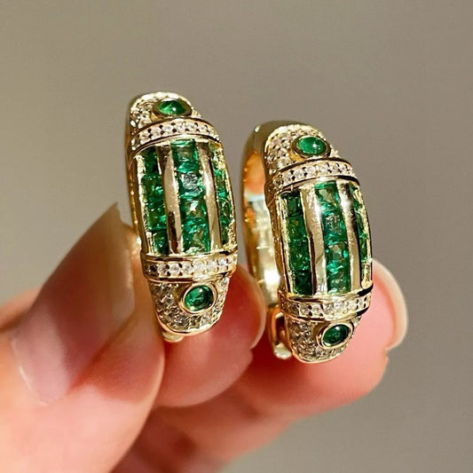 BELLUX Fashion New Arrival 925 Silver Gold Plated Synthetic Zircon Emerald Full Diamond Vintage Earrings