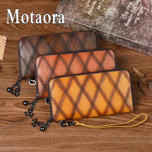 MOTAORA Women's Vintage Genuine Leather Phone Wallet Cross Grain Zipper Wallet Card Holder Bag Long Zipper Patchwork Retro Purse
