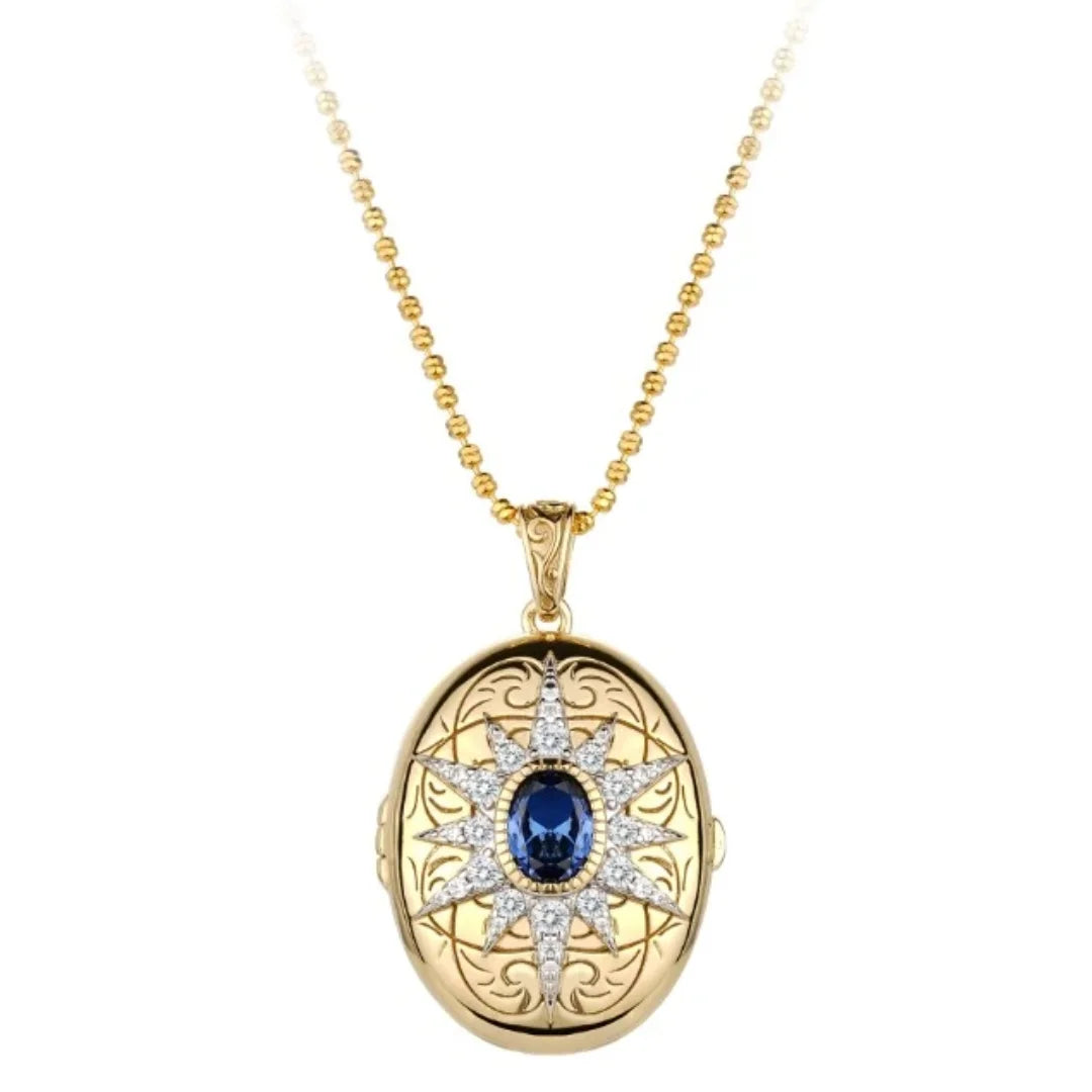 BELLUX Pendant Chain 925 Silver Gold-plated Synthetic Zircon Oval Sapphire Sunflower Mirror Necklace